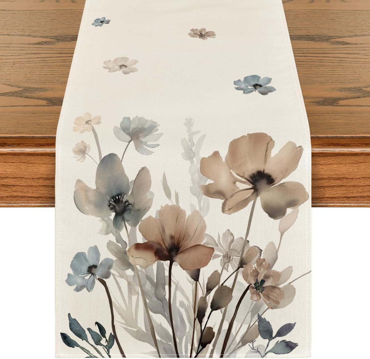 Artoid Mode Brown Poppy Floral Leaves Spring Table Runner 13x72 Inch - Summer Kitchen Dining Home Party Decor
