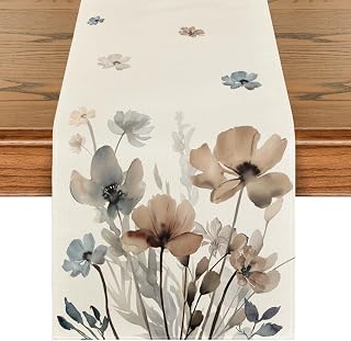 Artoid Mode Brown Poppy Floral Leaves Spring Table Runner 13x72 Inch - Durable Polyester Summer Dining Decor