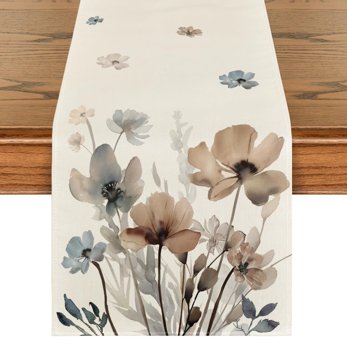 Artoid Mode Brown Poppy Floral Leaves Spring Table Runner Seasonal Summer Kitchen Dining Table Decoration for Home Party