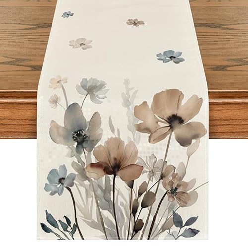 Artoid Mode Brown Poppy Floral Leaves Spring Table Runner, Seasonal