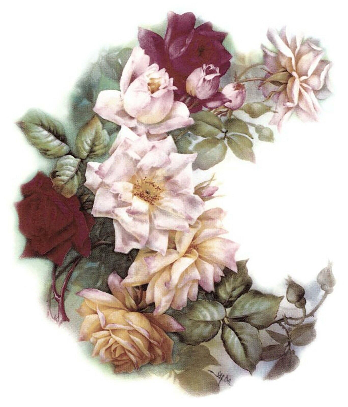 San Do Pink Rose Crescent Flowers Overglaze Waterslide Ceramic Decals 5.5 Inch (1 Decal)