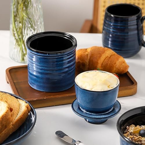 Miniatura 3 de Hasense Mantequera de cerámica con tapa de bambú, recipiente grande para mantequilla y cuchillo, elegante soporte para mantequilla para encimera de