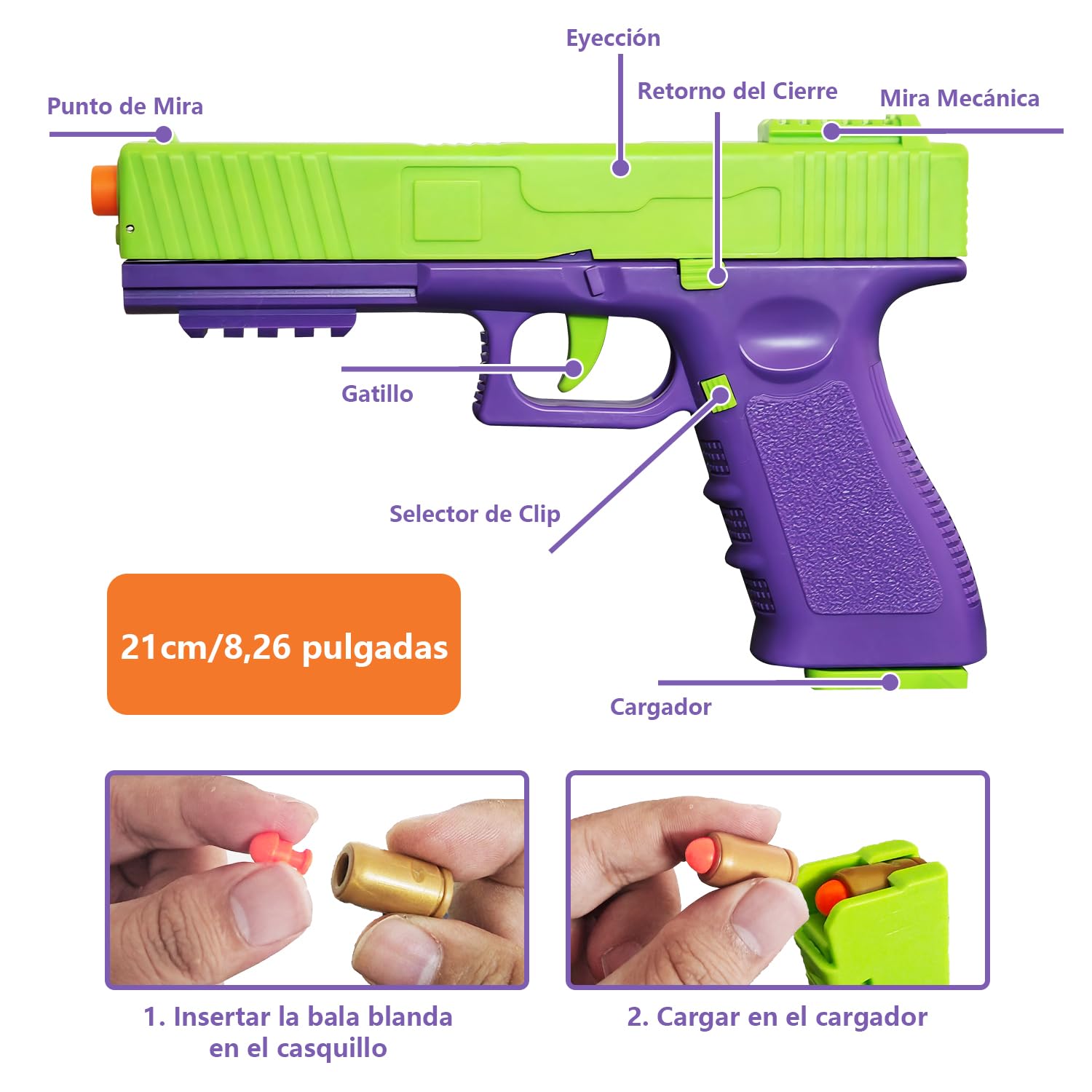 Pistola de Juguete, Arma de Juguete, Incluye 100 Balas Blandas, 32 Cartuchos y 3 Cargadores