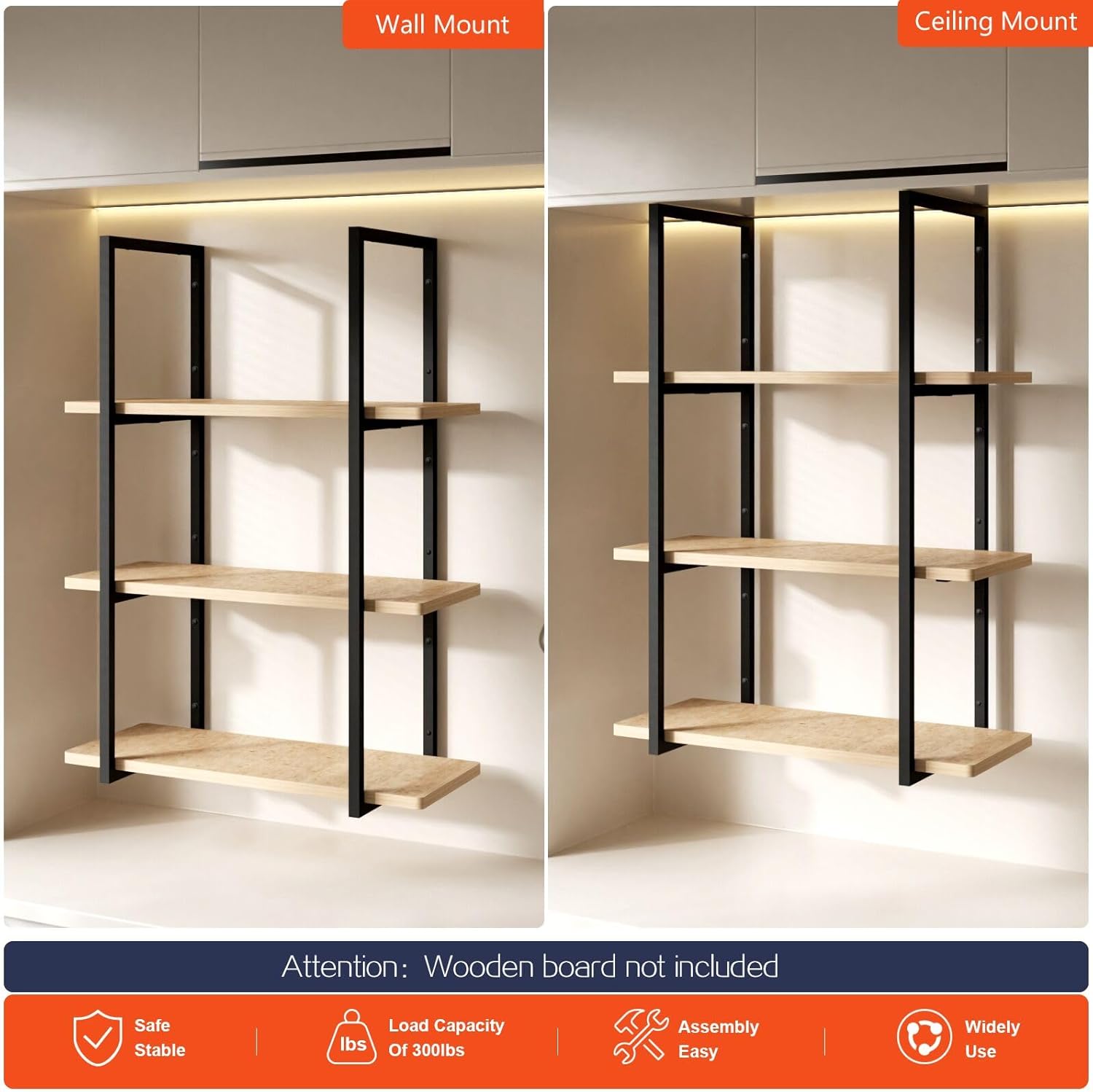 3-Tier Square Shelf Bracket, 39-1/4\\\" Height, Wall/Ceiling Mount Storage Shelving, Black Powder-Coated Carbon Steel Carbon Steel, Rust-Resistant, 110 lbs Capacity, 1 Pack 3 Tier Bracket-