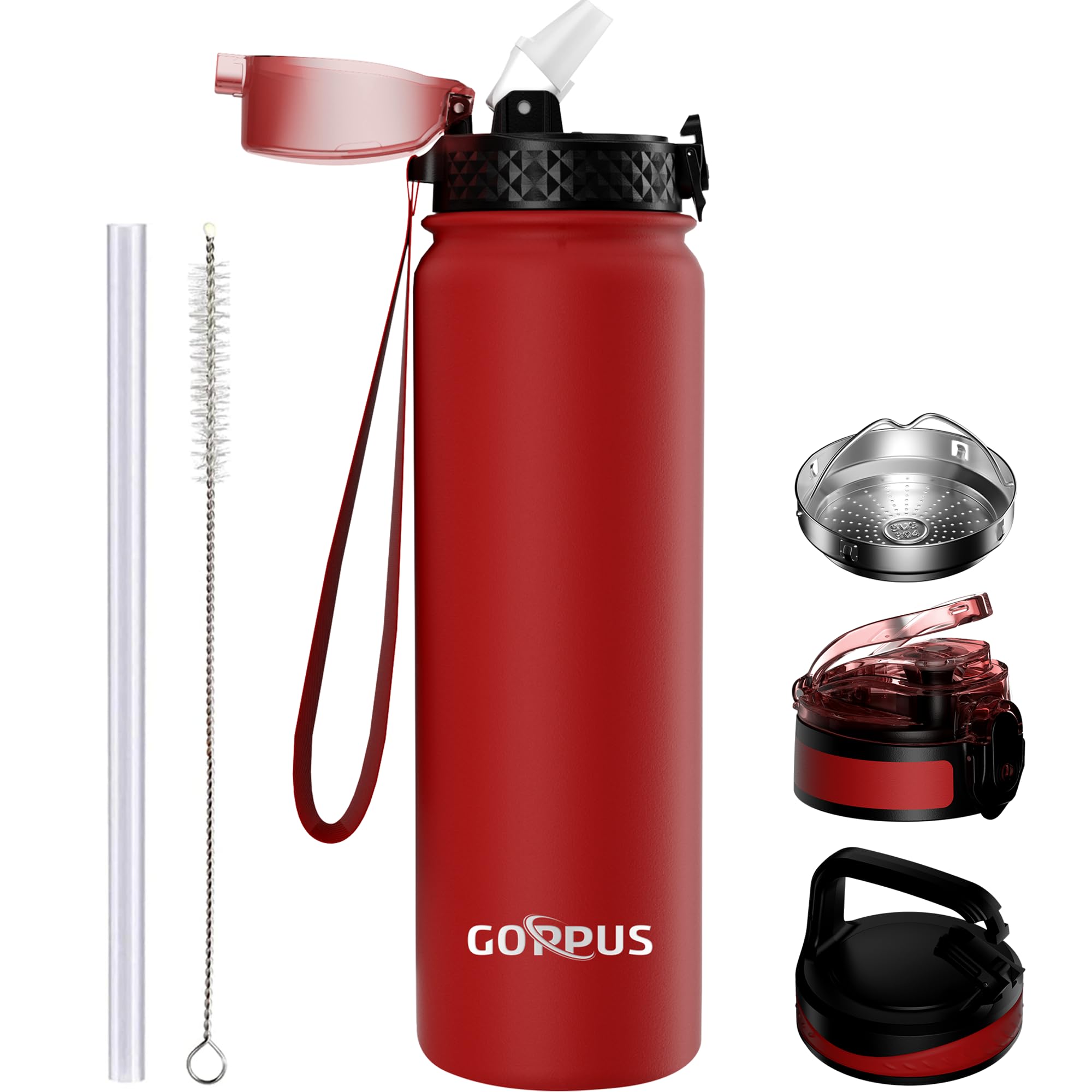 GOPPUS 1L/32oz Stainless Water Bottle with Straw Double Wall Insulated Bottles with Strap Reusable Vacuum Thermal Flask Leakproof Keep Cold Drinks Bottles with Flip Top Lid for Gym Men Women BPA Free