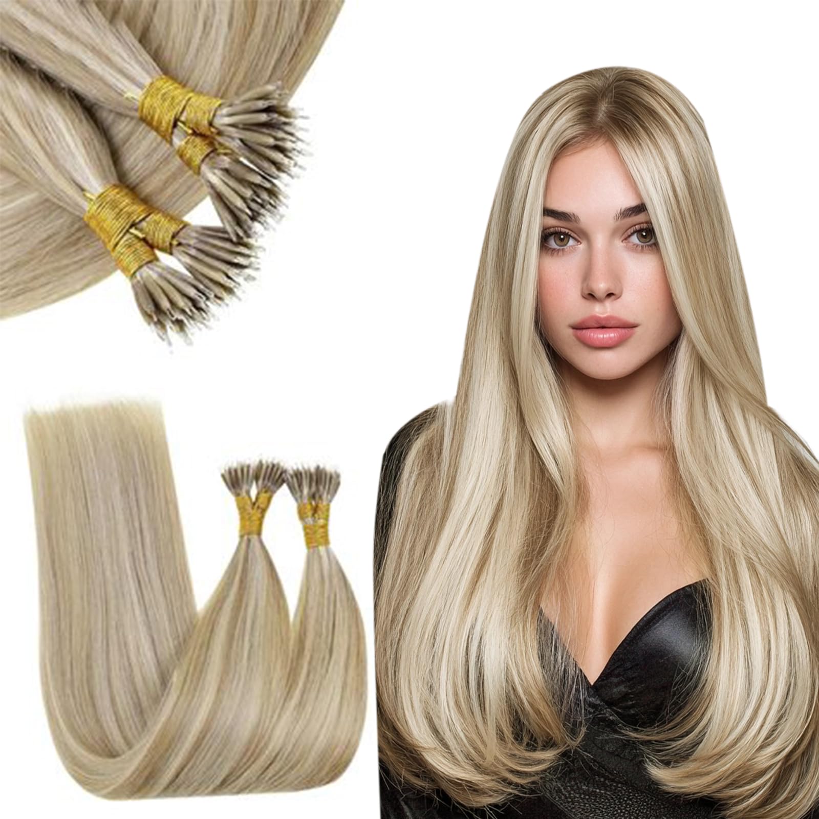 RUNATURE 18 Inch Nano Hair Extensions Real Human Hair Black Balayage Brown Nano Beads Hair Extensions Real Human Hair Ombre Blonde Invisible Straight Remy Nano Rings Hair 50g 50s #1b/4/27 — view 39