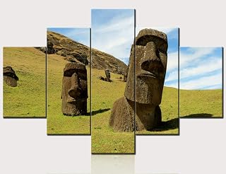 Native American Painting The Giant Moai Statues on Rano Raraku Volcano Pictures Landscape Wall Art 5 Pcs/Multi Panel Canvas Artwork Giclee Home Decor for Living Room Framed Ready to Hang(60''Wx40''H)