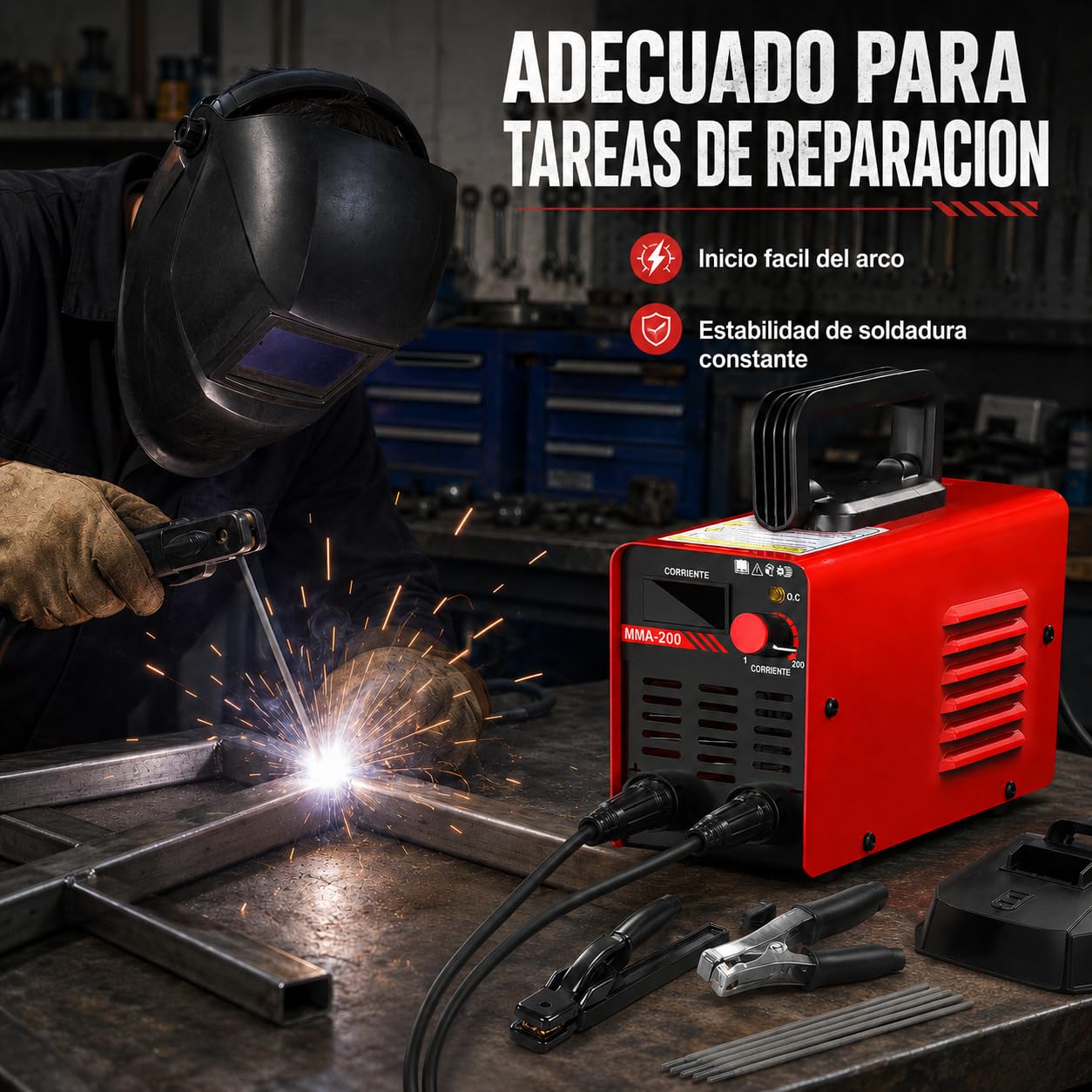 Soldadora de electrodo MMA de 200 A, soldadora de arco de 220 V con pantalla LED, kit con casco de soldadura, martillo para escoria, cepillo con arranque en caliente