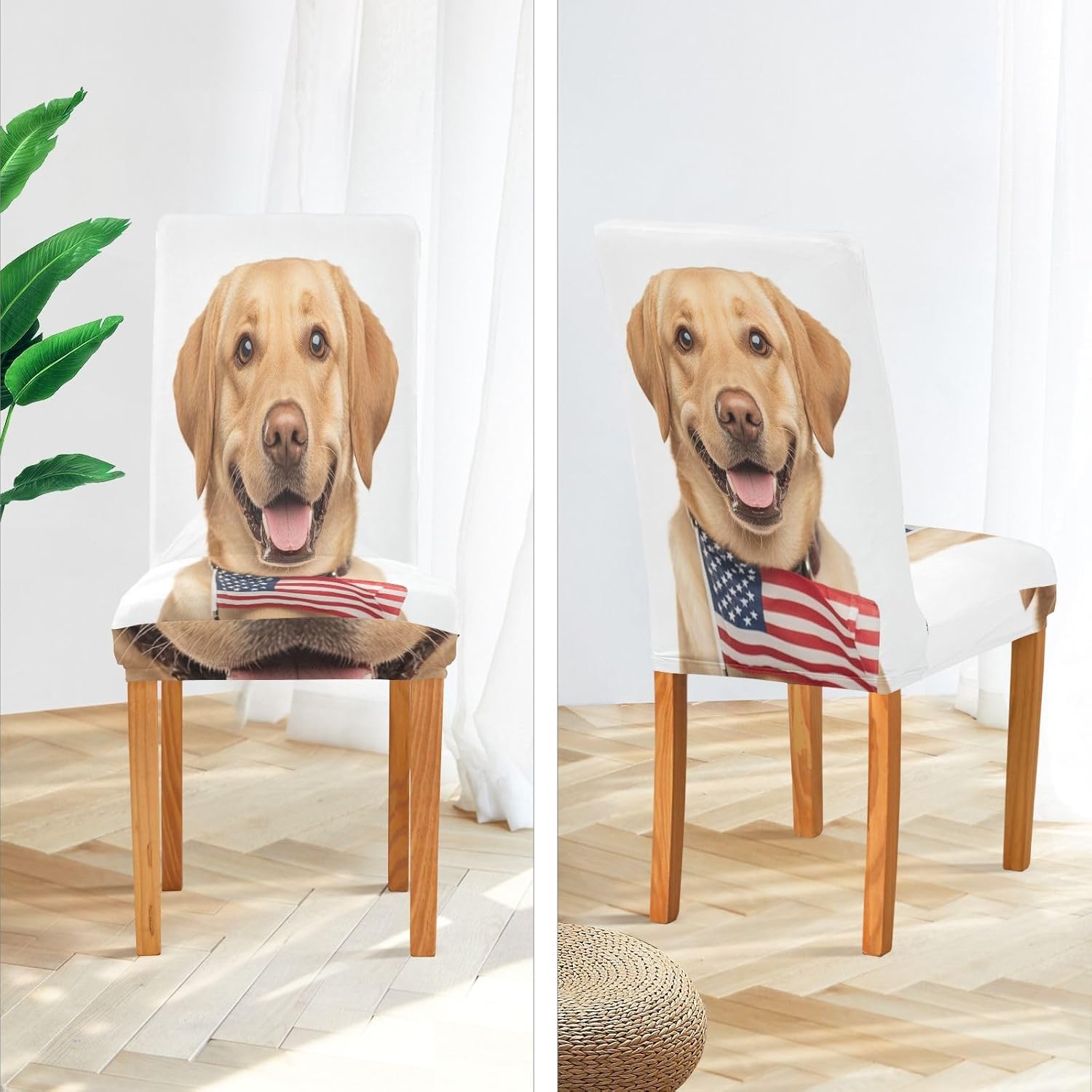 ALAZA Chair Covers for Dining Room, Cute Labrador Dog with USA Flag on White Stretch Chair Cover Sets Chair Protector Removable Washable for Ktichen Restaurant Hotel