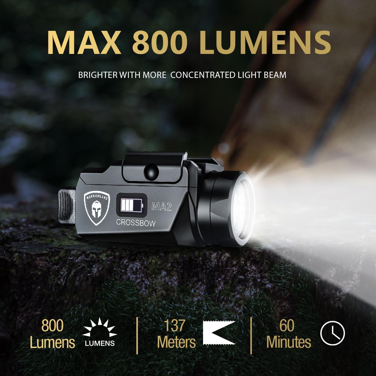 WARRIORLAND MA2 Pistol Light with Holster Fit for Sar9, 800-lumen LED Weapon Pistol Flashlight & Right-Hand IWB Holster, Rechargeable | Screen Power Indicator