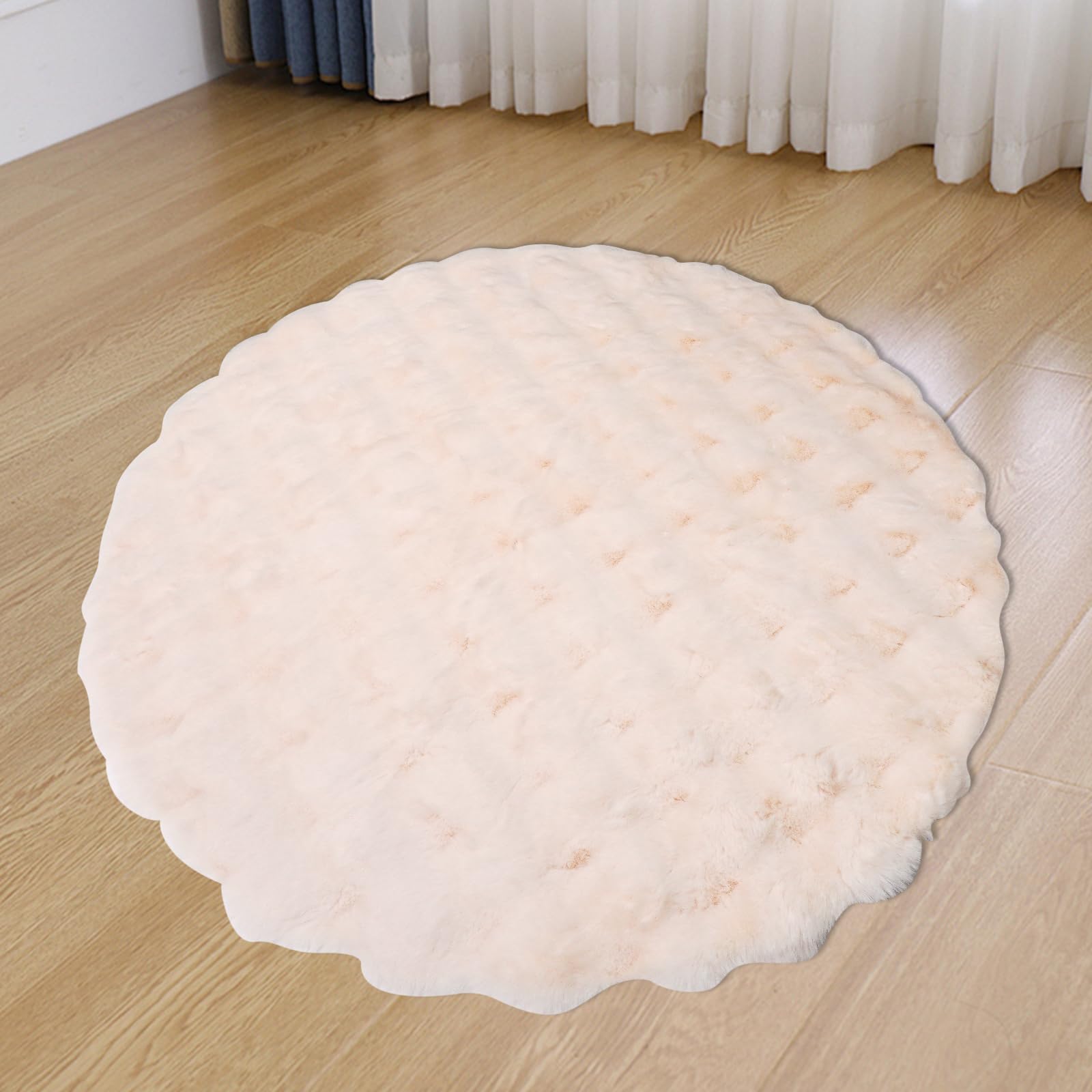 KRIPINC Round Faux Sheepskin Rug, Shaggy Faux Fur Rug, Beige Fluffy Carpet, Home Decor Washable Round Kids Floor Mats - Image 4