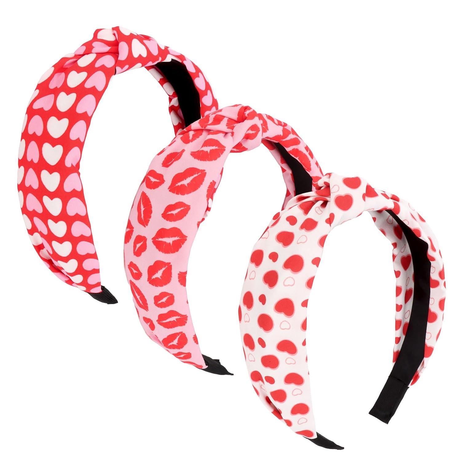 CURASA Valentine's Day Headband For Women Girls Love Heart & Lips Knotted Headbands Set Wide Top Knot Hairband No Slip Red Heart Headpiece Valentines Hair Accessories For Party Holiday Gifts(3PCS