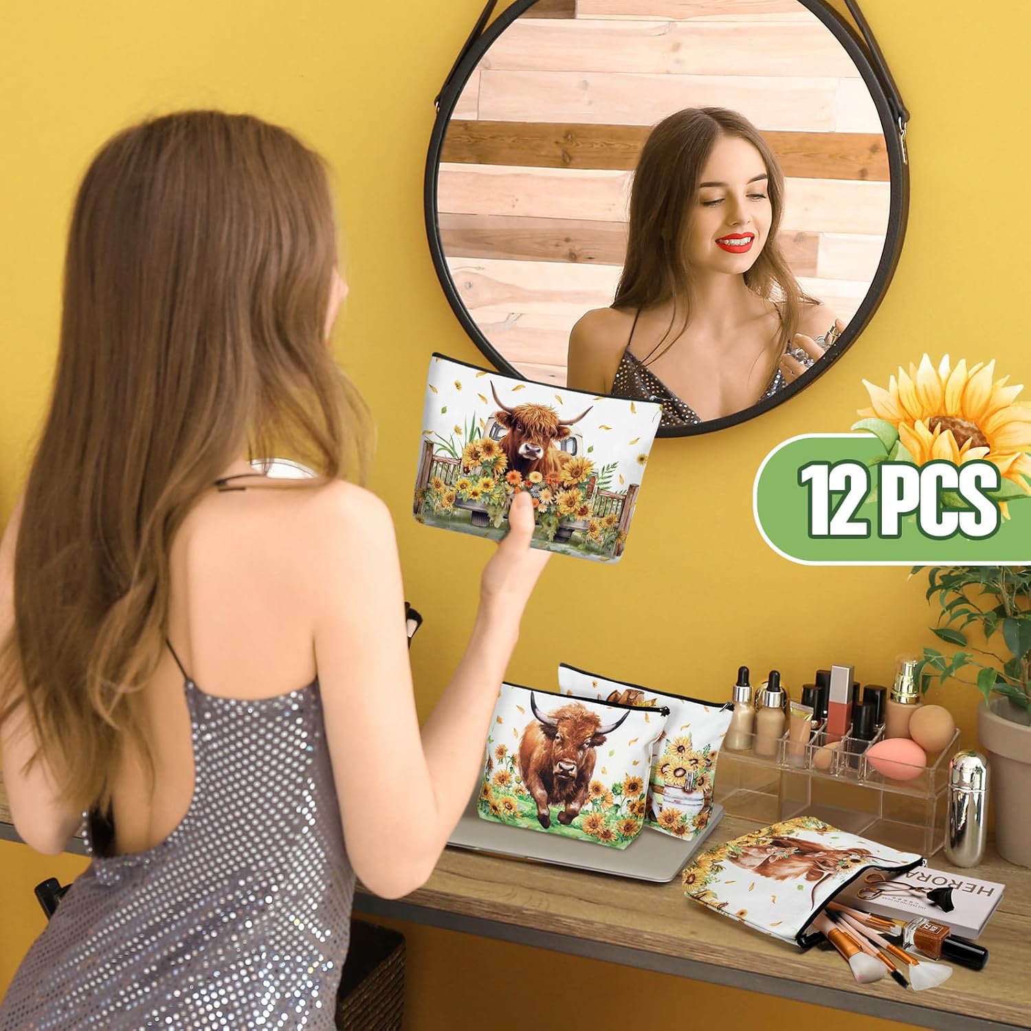 Reginary 12 Pcs Highland Cow Makeup Bags Sunflower Cow Cosmetic Bags with Zippers Floral Pouch Bulk Appreciation Gifts for Teacher Women Christmas Wedding Birthday Travel Party Supplies - Image 3