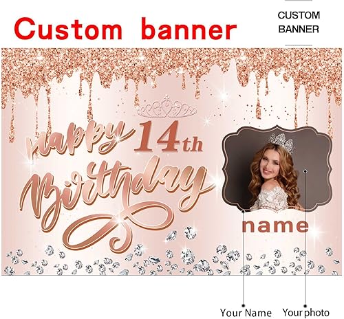 Miniatura 2 de Cartel personalizable de decoración de feliz cumpleaños número 14 de oro rosa, personalizado con nombre y foto