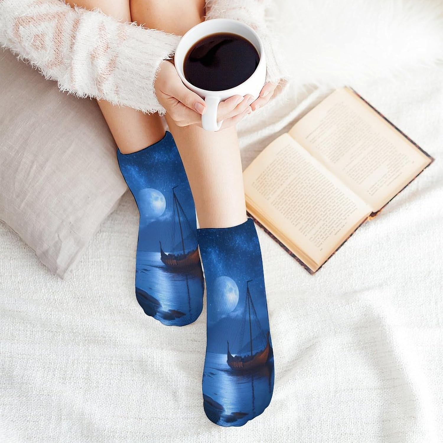 Viking Ship Moon Seascape Socks for Men Women 5 Pairs Ankle Socks
