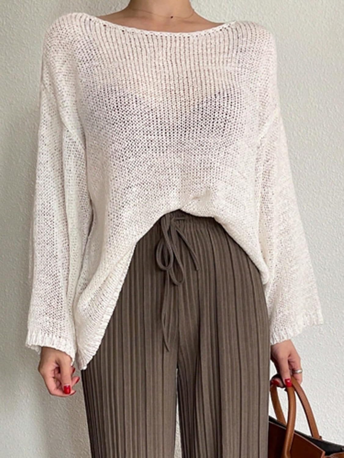 Women's Sweater Solid Drop Shoulder Sweater Sweater for Women (Color : White, Size : Medium)