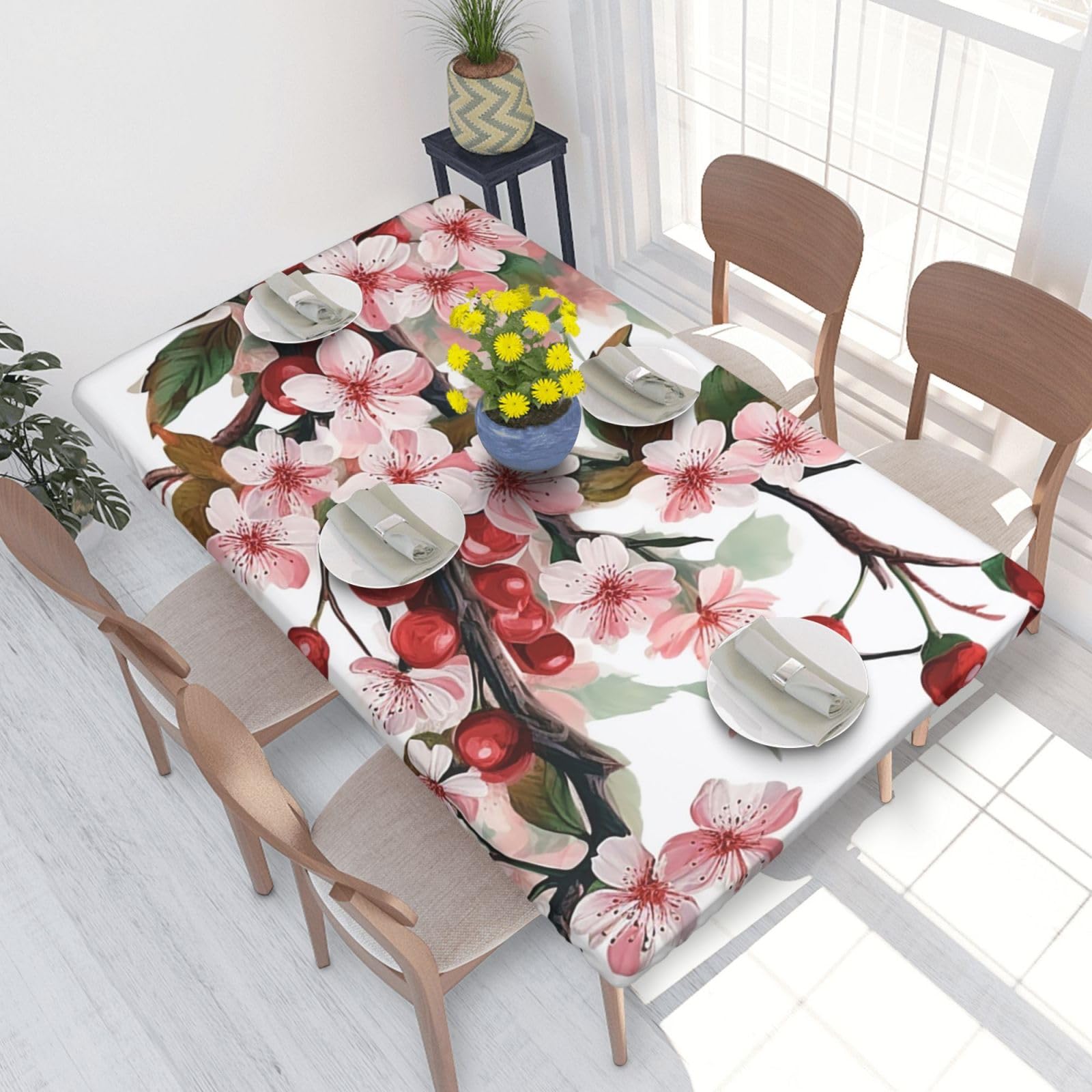 Realistic Cherry Florals Waterproof Square Table Cover Elastic Fitted Tablecloth Oil Proof Table Protector For 4ft Table