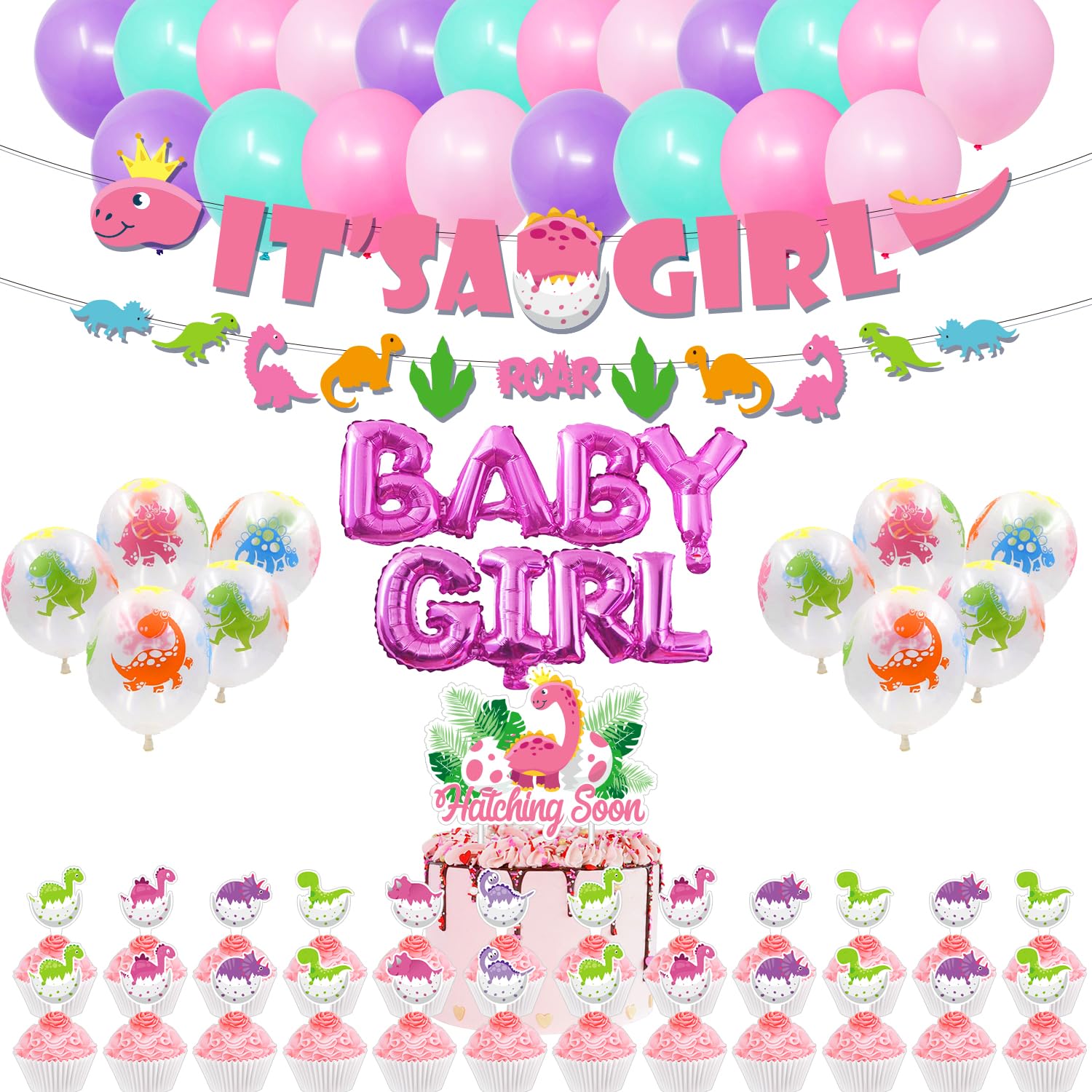 Mpanwen Girl Dinosaur Baby Shower Decorations, Pink Dinosaur Dino Party Supplies Decor for Girl Showers Birthdays with Banners Cake Topper Cupcake