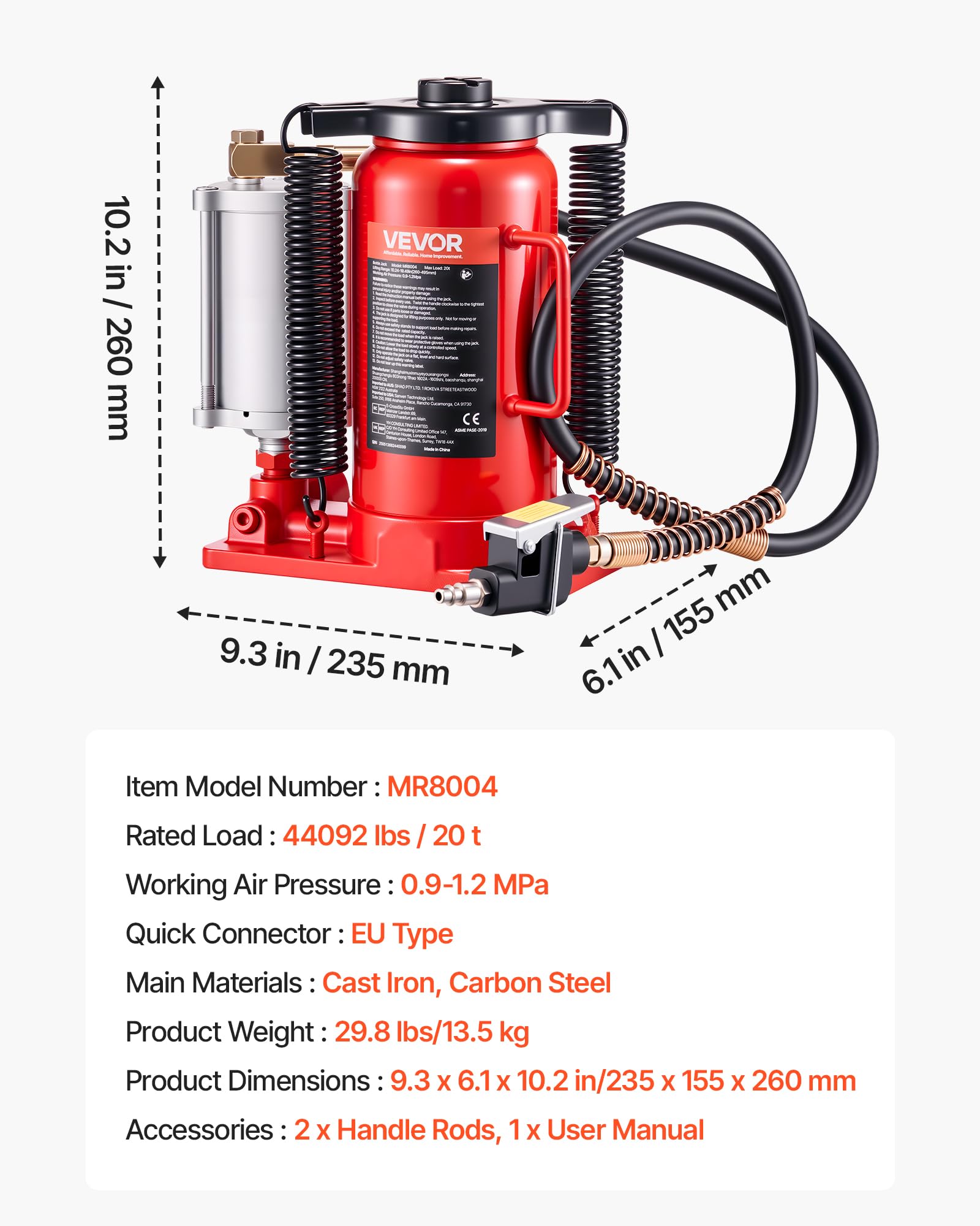 VEVOR Gato Hidráulico de Botella 20 T Rango de Elevación 260-495 mm Resistente Rojo