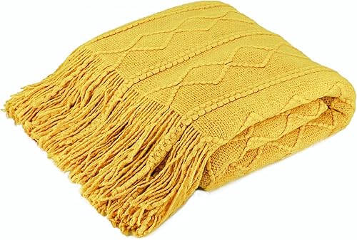 Miniatura 5 de Tititex Manta decorativa suave con textura bohemia amarilla mostaza con borla, manta tejida acogedora y ligera para sofá, cama, silla, sofá, sala de