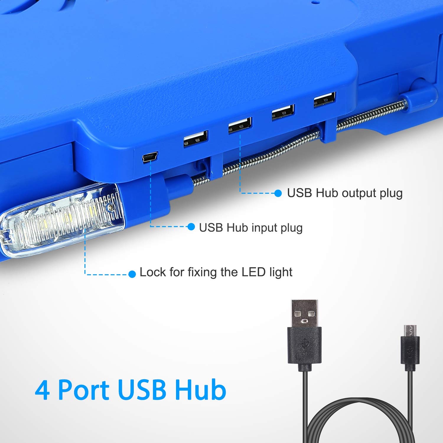 TeqHome Laptop Table for Bed, Adjustable Laptop Bed Desk with Fan, 4 USB Ports, Portable Lap Desk with Foldable Legs, Laptop Stand for Couch Sofa Bed Tray with LED Light, Storage, Mouse Pad - Blue