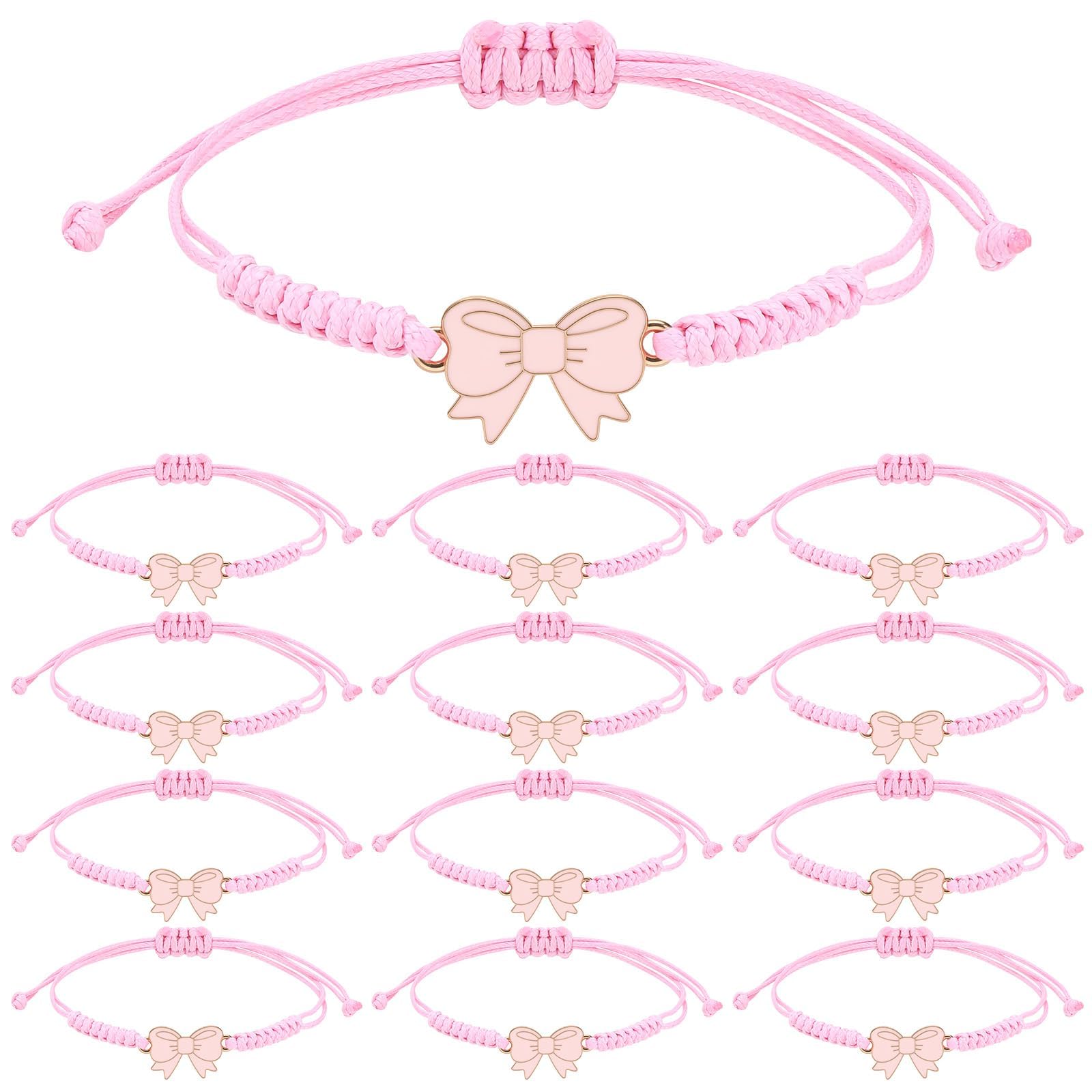 12 Pcs Coquette Bow String Bracelets Adjustable Cute Pink Bowknot Braided Rope Bracelet for Mother and Daughter Women Friend Birthday Valentine's Day Party Favor Supplies
