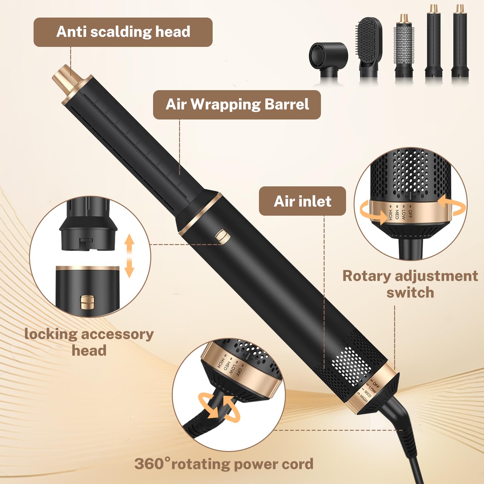 Hair Styler 5 in 1, set di styler per capelli con spazzola rotonda, spazzola ad aria calda, ferro arricciacapelli automatico Airflow