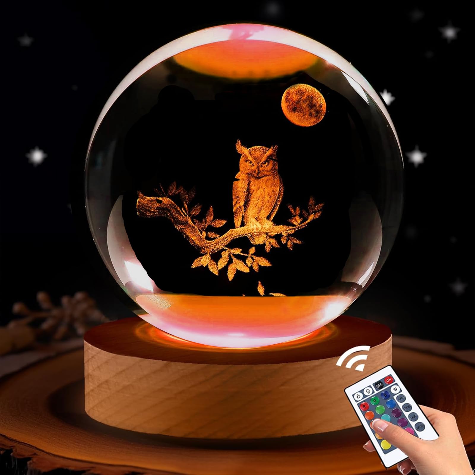 – 3D Owl Figurine Crystal Ball Lamp with Remote Control - 3.15in Decor for Bedroom, Birthday Christmas Gifts for Women, Kids, Girls, Boys