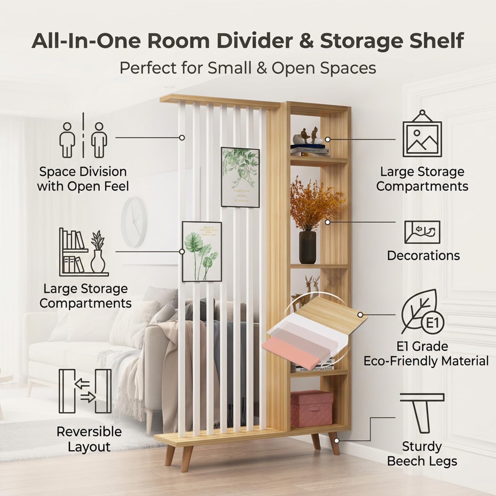 Divisorio per ambienti in legno da ingresso con gambe in legno di faggio | Libreria Moderna da Interno per Esposizione e Contenimento, Divisorio per Ambienti Versatile(Black+White,80cm/31.5in)