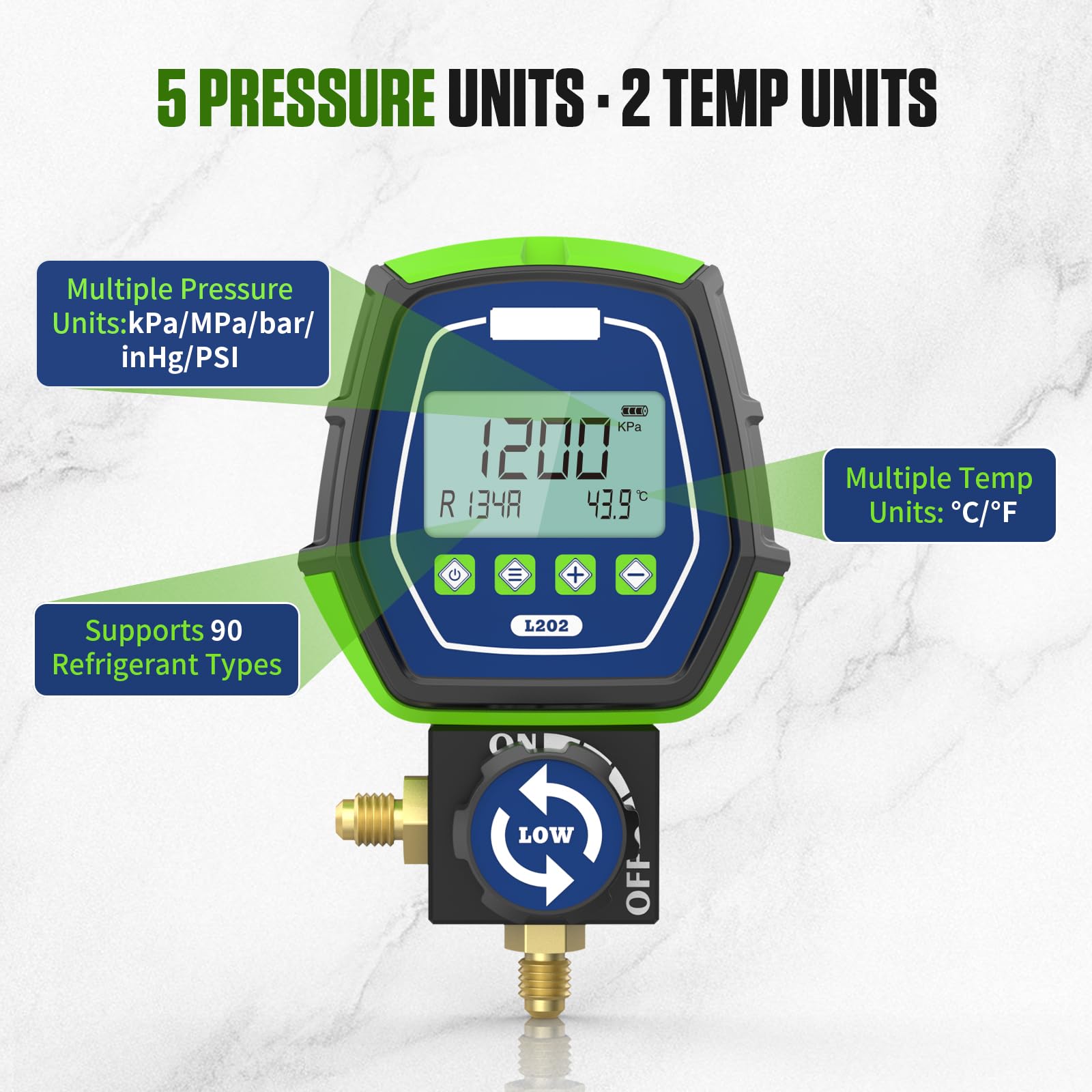BELEY Manómetros Digital R32 - Bomba de vacío Aire Acondicionado y Prueba R134A R410A HVAC Manómetros Digitales con 90 refrigerantes incorporados para probar y Mantener Sistemas de refrigeración