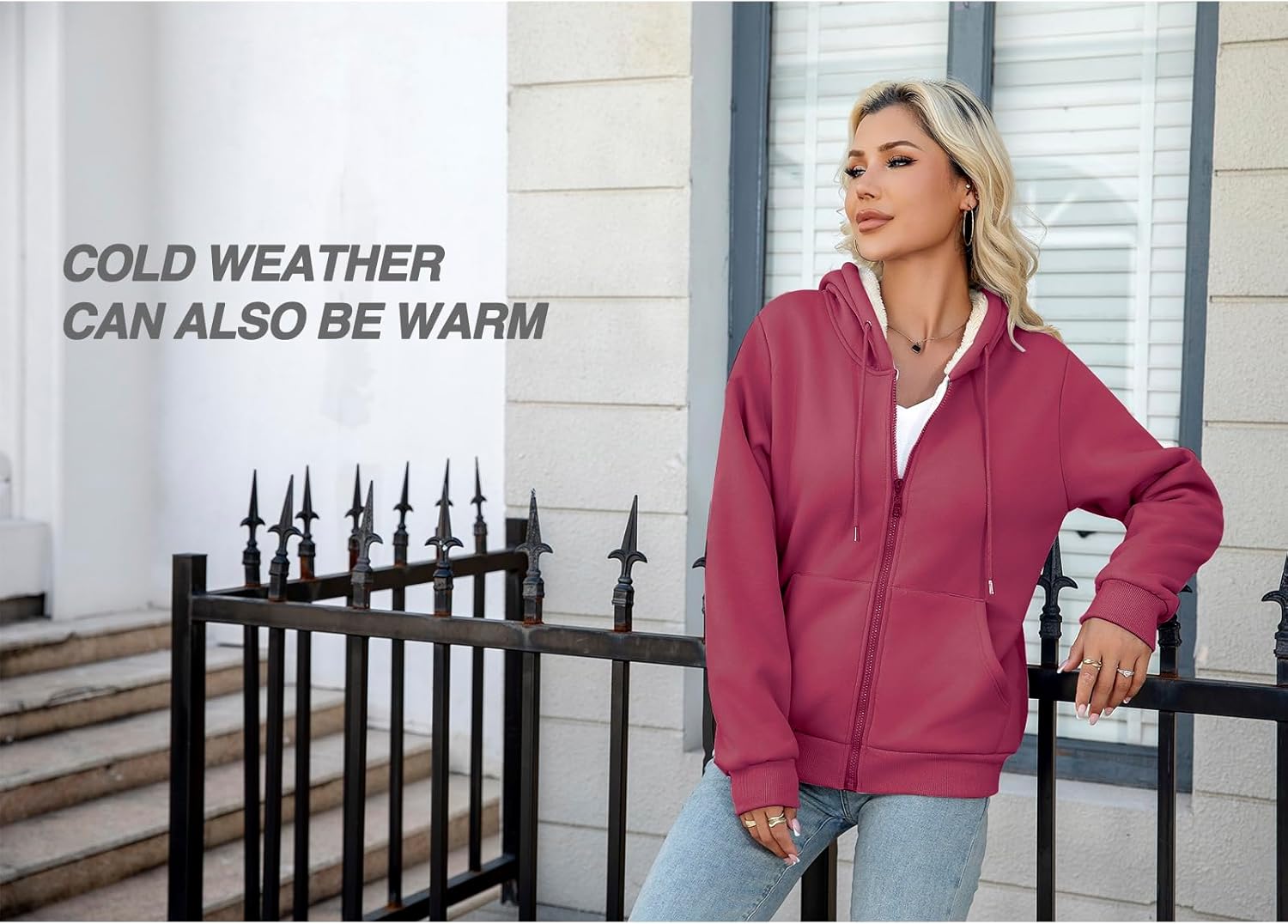 Women's Sherpa Lined Full Zip Hoodie-Ultra Warm Winter Sweatshirt Jacket, Thick Fleece, Drawstring Hood for Daily Wear - Image 3