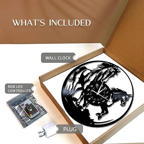 Miniatura 5 de Reloj de pared de caballo corriendo regulable, 12 pulgadas, montaje en pared, disco de vinilo, caballo al galope, reloj LED, regalo de cumpleaños