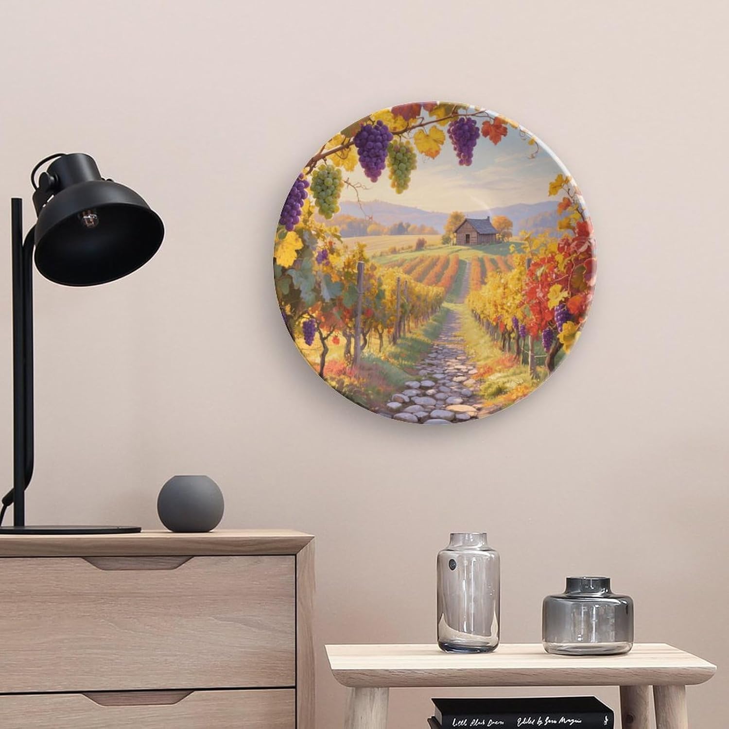Bone China Decorative Plates Autumn Vineyards Ceramic Decorative Plate Wall Decor with Display Stand Ceramic Ornaments for Wall Hanging Decoration