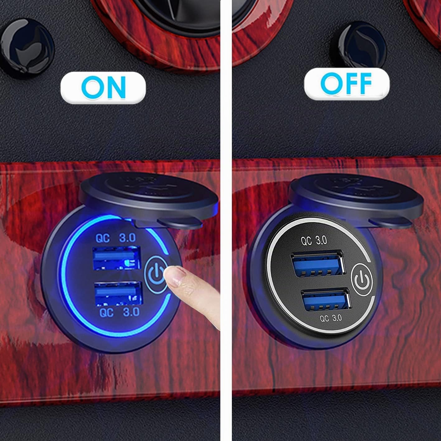(2 Pezzi) Intckwan Caricabatteria da auto USB a 2 porte, QC 3.0 36W Ricarica rapida con interruttore e Blu LED, impermeabile e antipolvere per 12V~24V Auto Barca Moto SUV Bus Camion Caravan