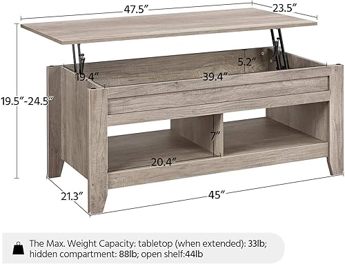 Miniatura 29 de Topeakmart Mesa auxiliar elevable con compartimento oculto y estante de almacenamiento abierto, mesa central elevable de altura ajustable para sala