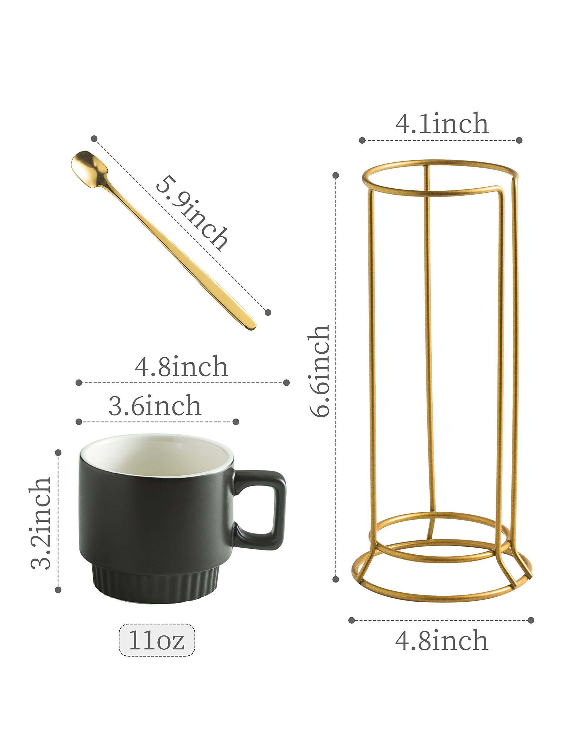 Miamolo Stapelbare Kaffeetassen mit Ständer, 325 ml, Keramik, Latte-Tassen, 4er-Set, für Espresso, Cappuccino, Tee, heißen Kakao, Vatertag, spülmaschinen- und mikrowellengeeignet, Schwarz