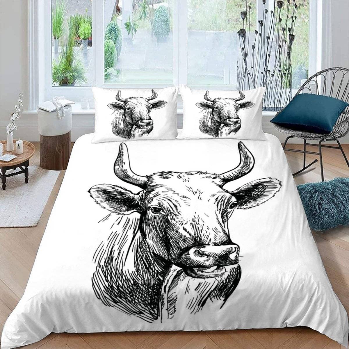 RFFLUX 3D Cows King size Bedding Sets 3 Pieces 220x230 Ultra Soft Microfiber Farm Animals Cattle Duvet Cover with Zipper Closure Easy Care Quilt Cover with 2 Pillowcase for Adults Room Decor