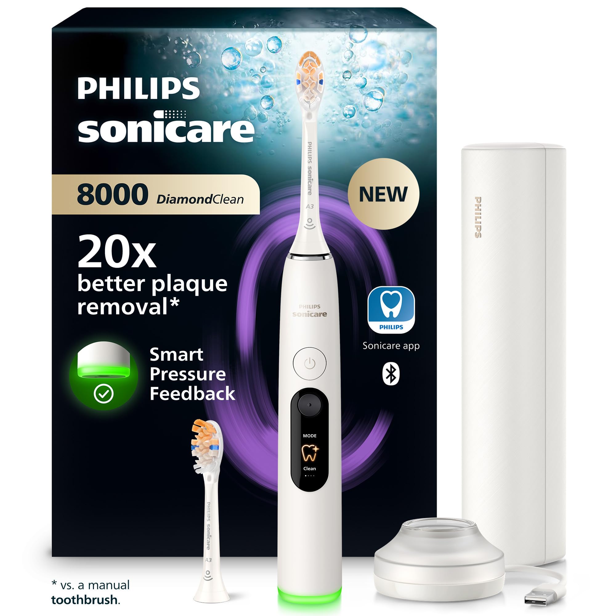 Philips Sonicare Next-Generation DiamondClean 8000 Sonic Electric Toothbrush − with Smart Pressure Feedback, and 15 Settings, Powder White, HX8312/11