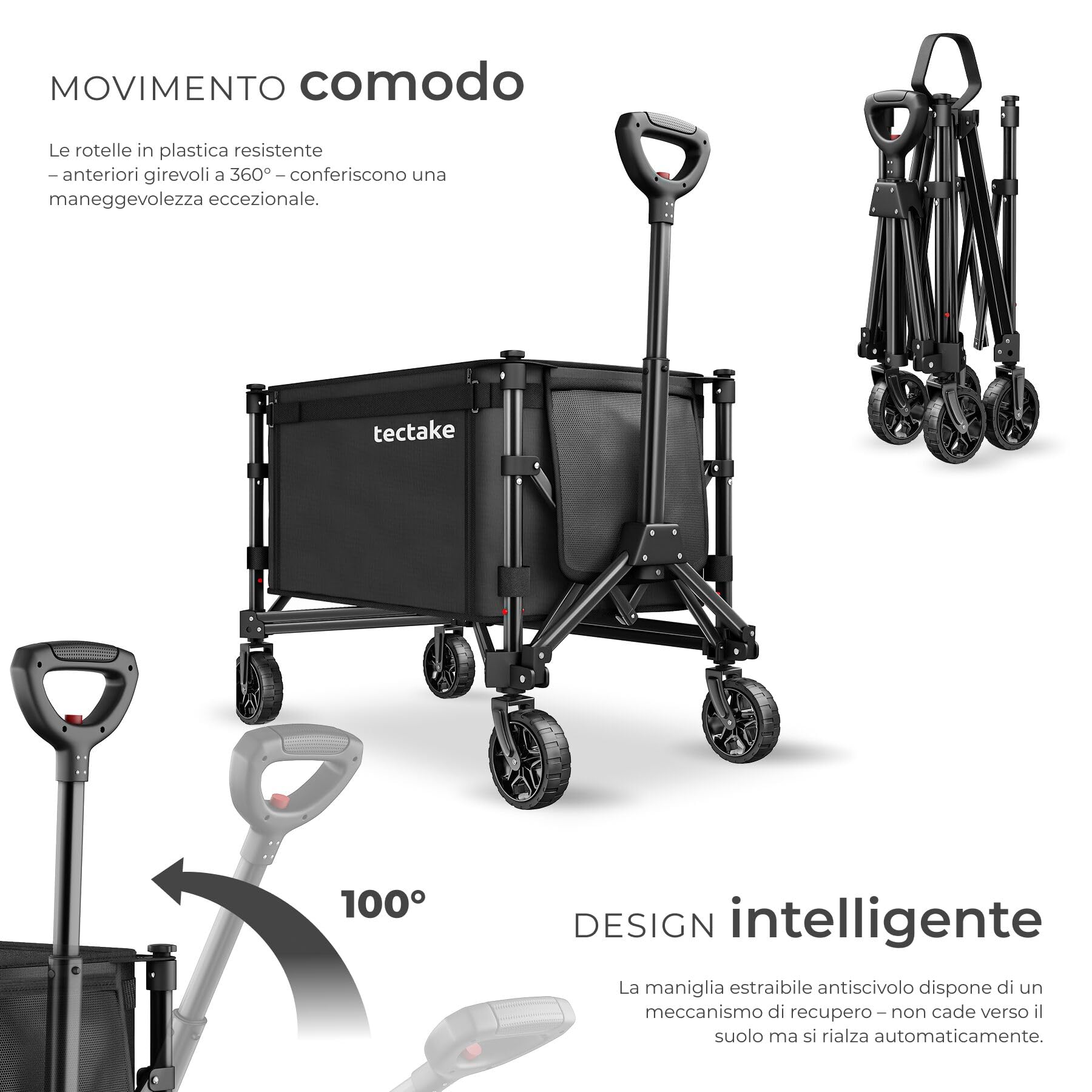 tectake®, Carrello con Ruote Portatutto a mano pieghevole, 120 L portata max 60 kg in acciaio, Carrellino con Ruote Portatutto, trolley con manico, ruote girevoli con freno, carrello spesa, campeggio