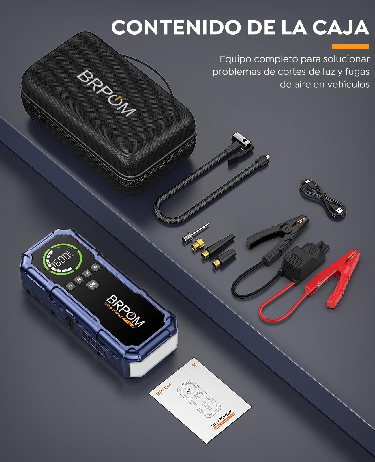 BRPOM Arrancador de Batería Coche 9000A 12V con Compresor 160PSI, Booster Batería Portátil con Inflador Neumáticos, Pantalla LED, Luz 600LM, Pinzas Inteligentes, para Coches y Motos