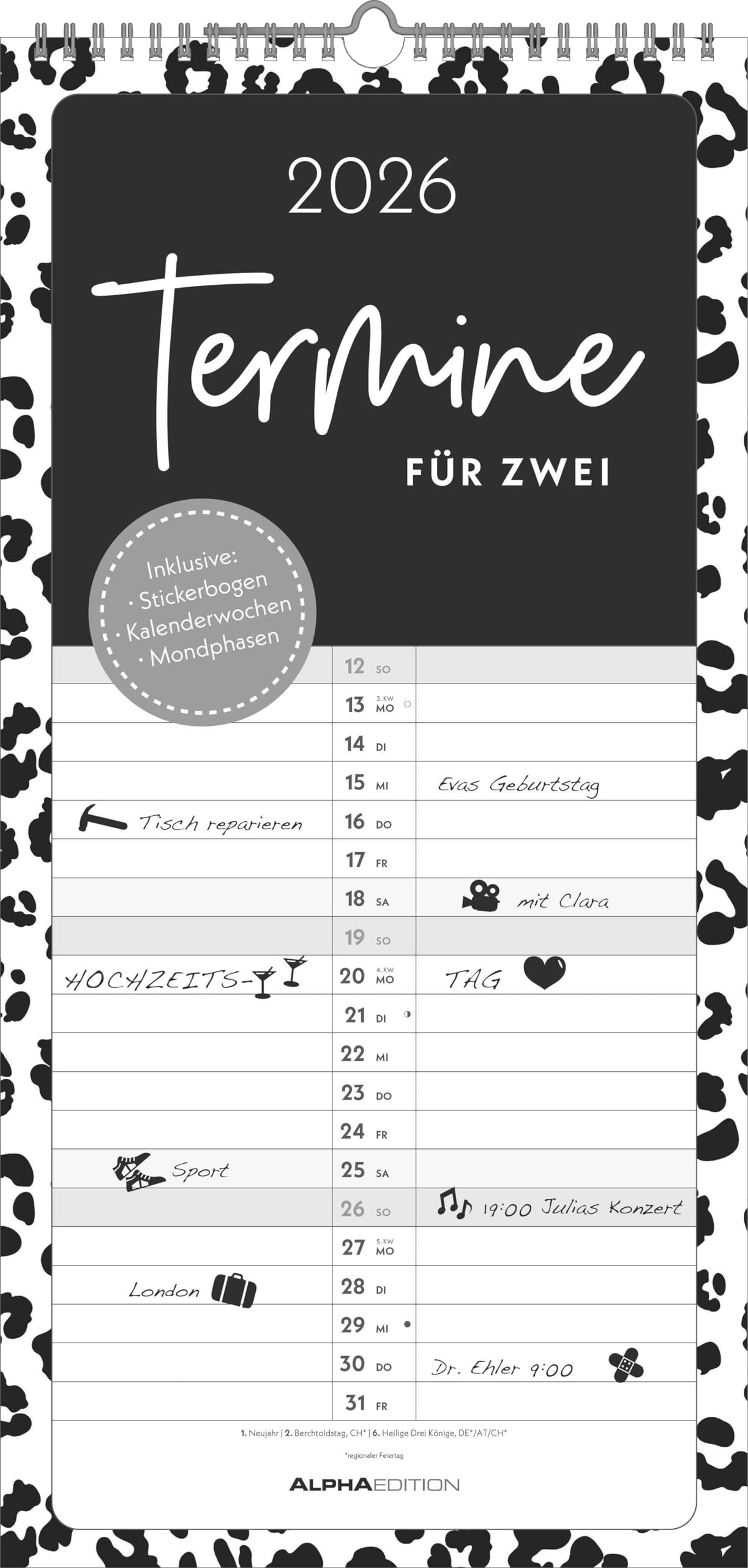 Alpha Edition - Termine für 2 Black and White Kalender 2026 – 22x45 cm – Familienplaner mit 2 Spalten – Inkl. Sticker – Praktischer Terminplaner für Paare – Mit Feiertagen & Ferienterminen