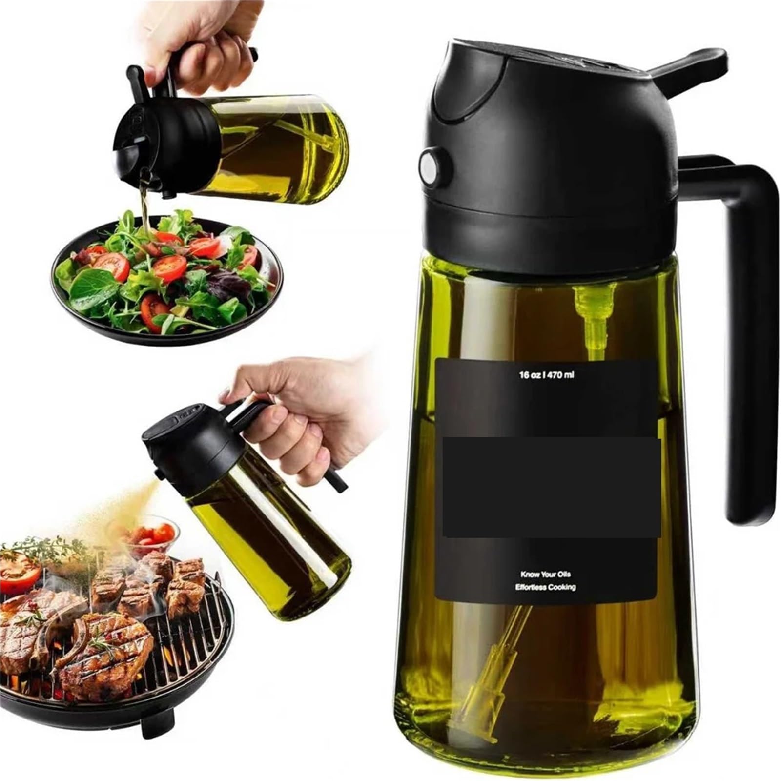 POAHNCU Oil Spray Bottle, 470ml 2-in-1 Oil Sprayer Dispenser For Cooking, Thick Glass Spray Bottle,for Air Fryer,Salad
