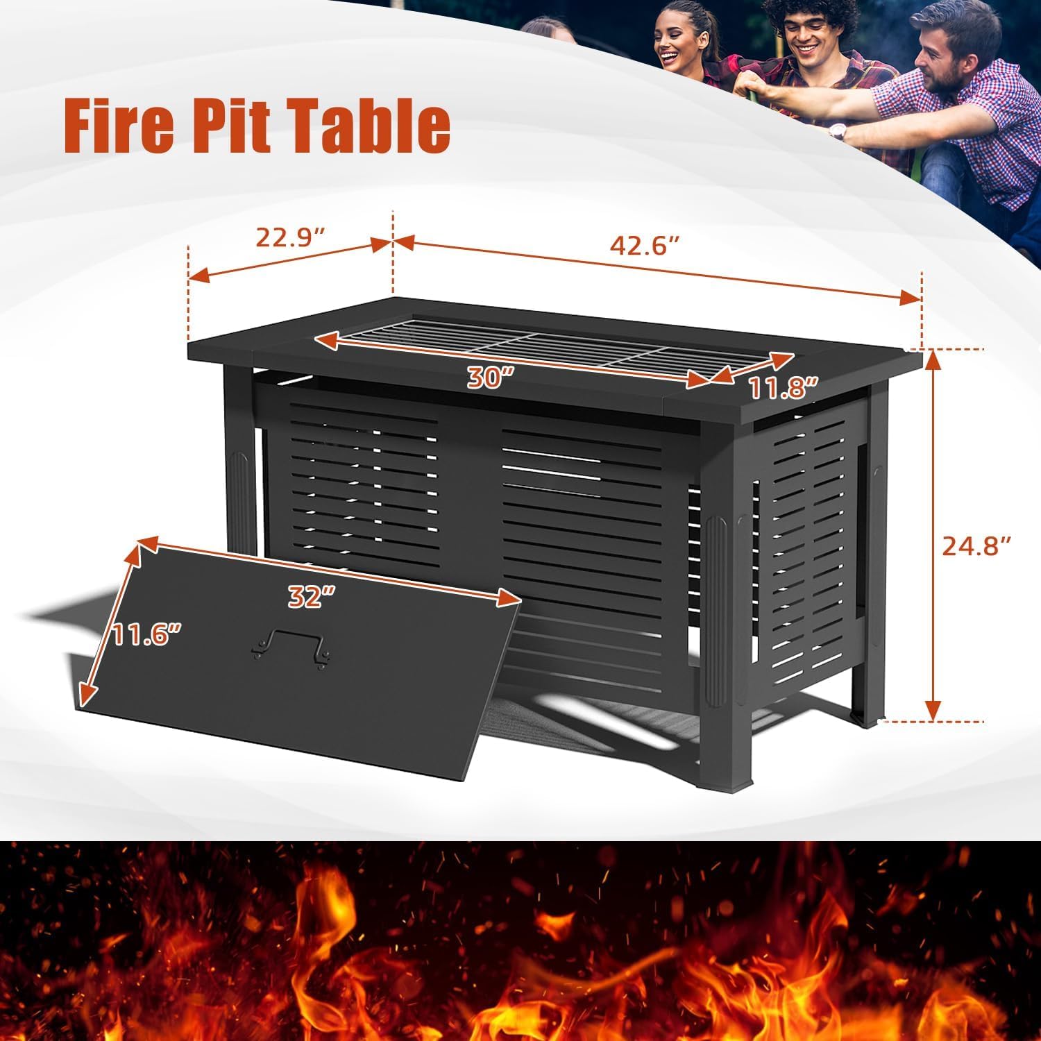 U-MAX Fire Pit Table, 43 Inch Wood Burning BBQ Grill Firepits, Metal Fireplaces with Waterproof Cover, 3 in 1 Fire Pits for Outside Party Barbecue Camping Picnic on Deck Backyard Garden, Black