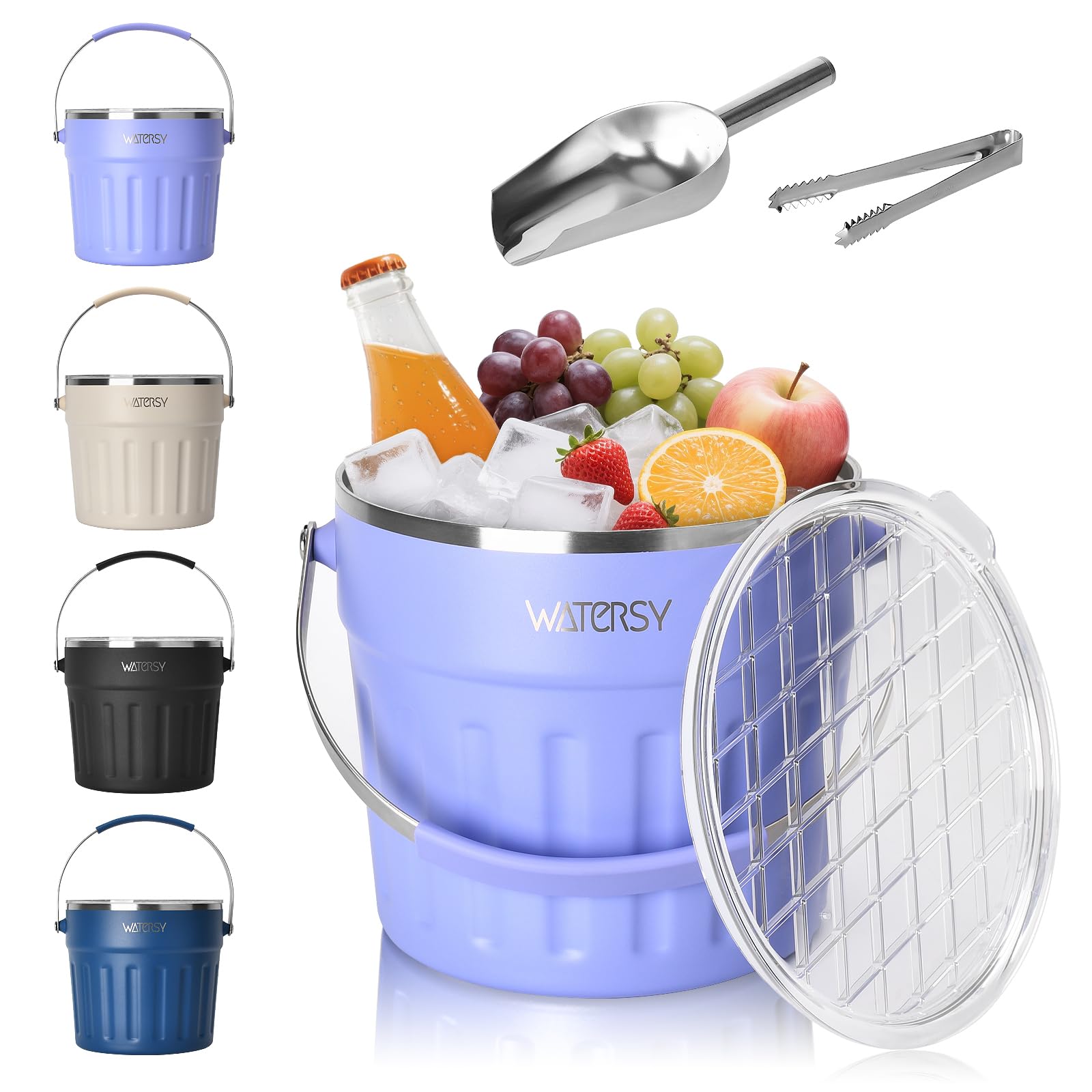 WATERSY 7.6L Ice Bucket with Lid and Ice Tongs, Scoop |Double Walled Insulated Ice Bucket |Stainless Steel Bucket for Cocktail Bar, Parties, Chilling Wine, Champagne (Purple)
