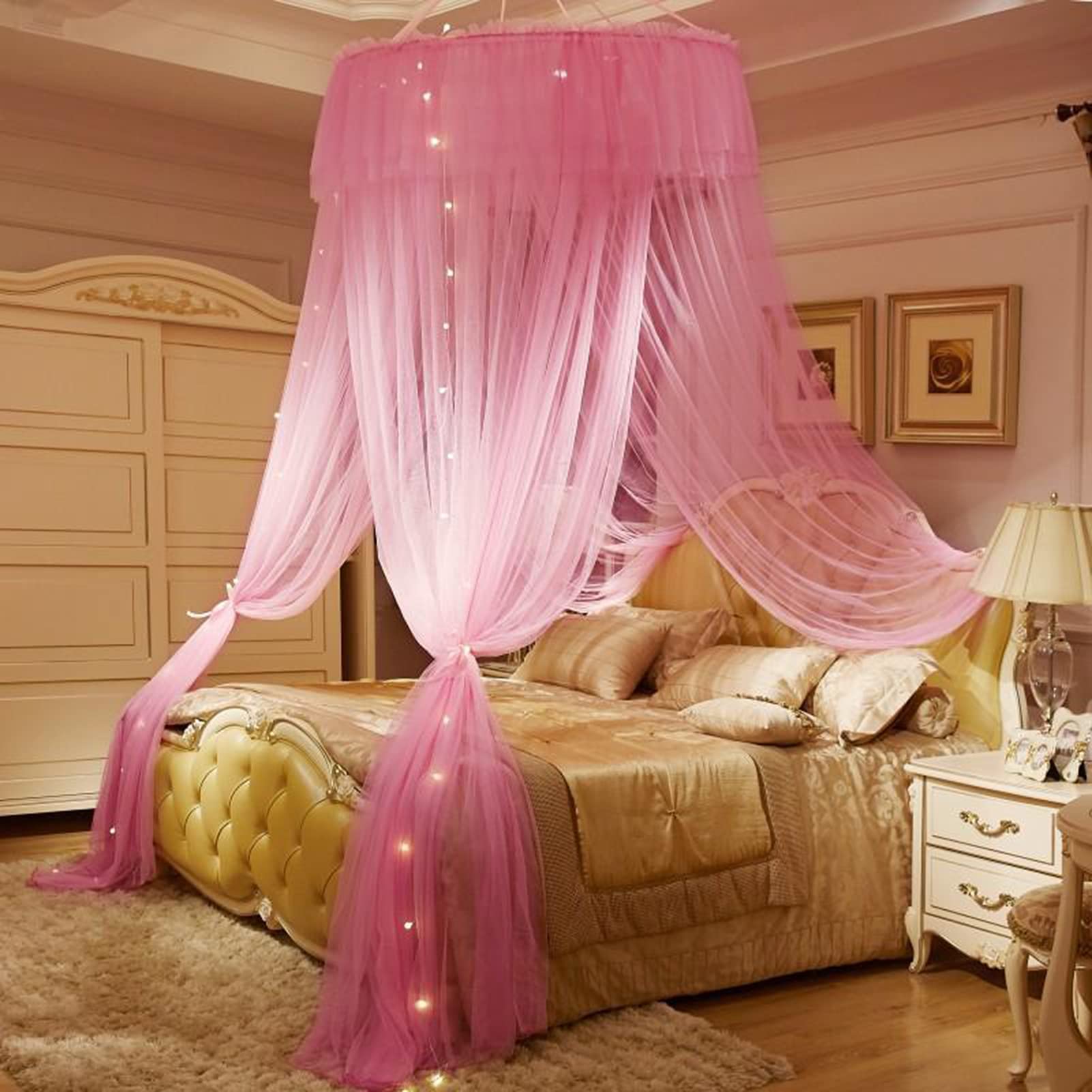 Moustiquaire de lit double contre les moustiques avec ciel de lit rose à dôme