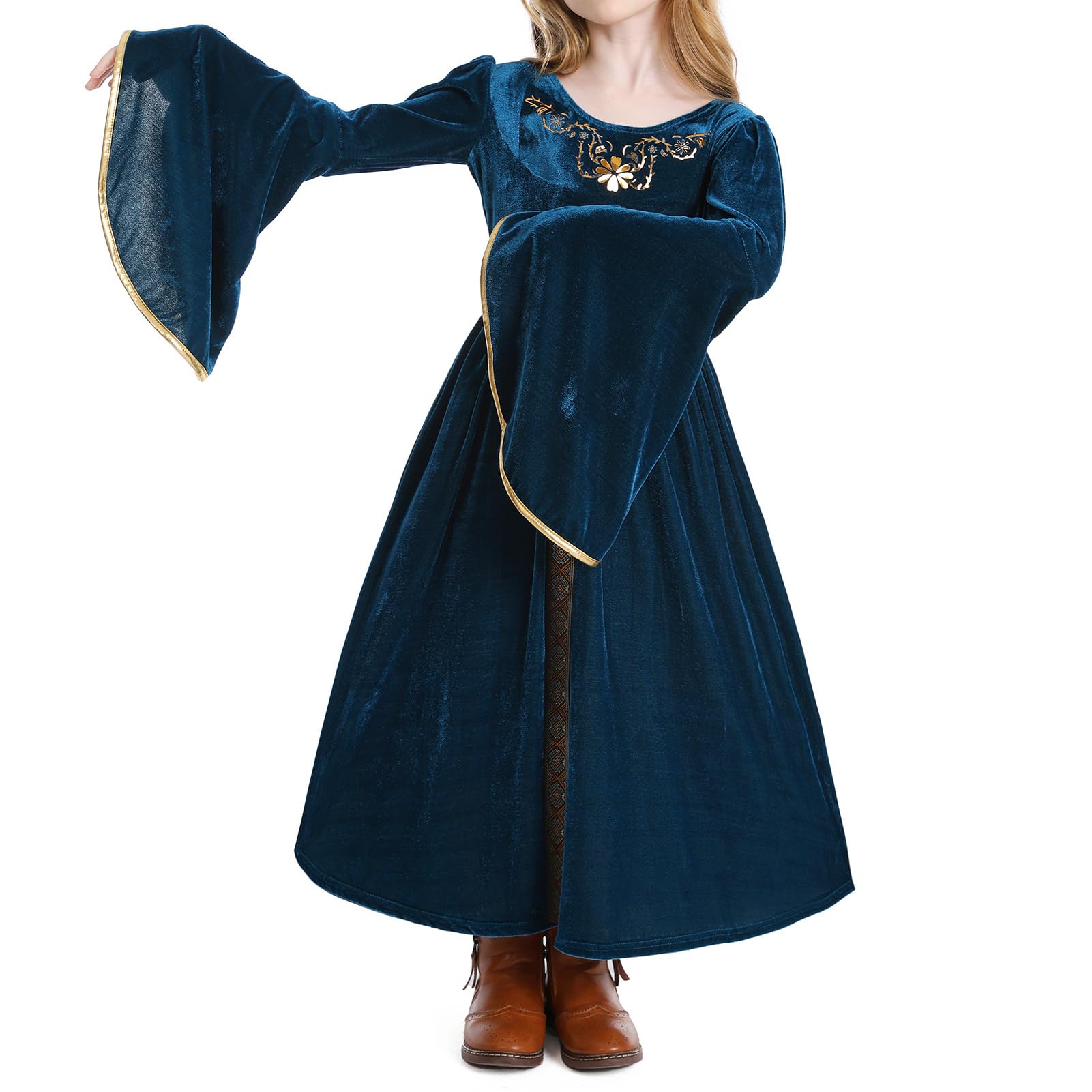 IBAKOM Girls Princess Dress Medieval Renaissance Cosplay Costume Retro Velvet Dress Kids Royal Fancy Dress Up with Belt Blue 6-7 Years - Image 4