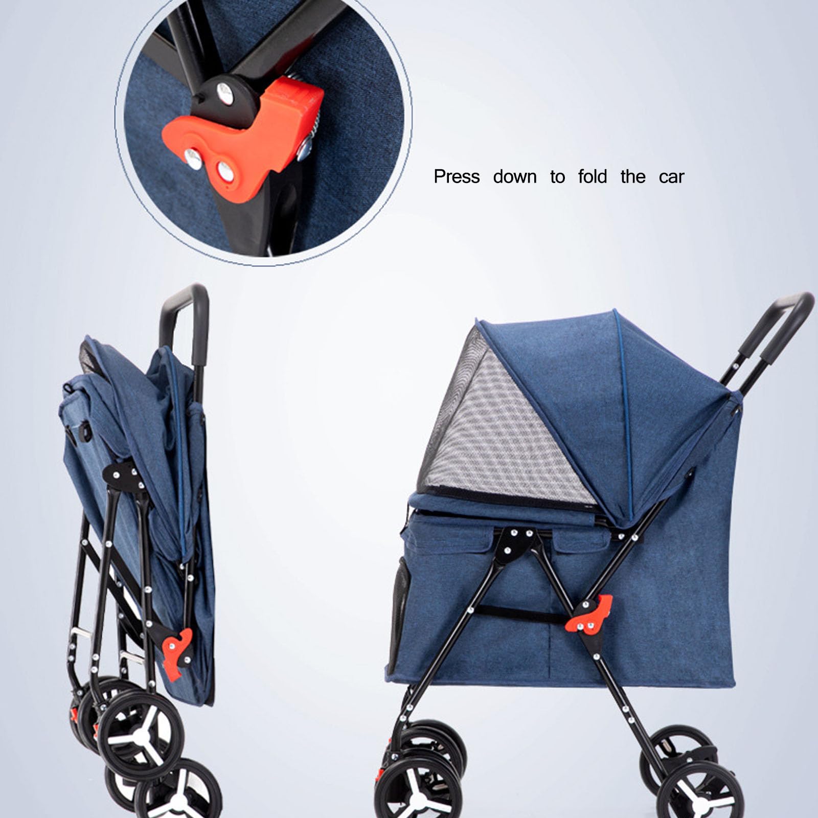 Passeggino da Jogging Pieghevole Traspirante, Passeggino da Viaggio per Cuccioli con Ruote robuste girevoli a 360°, Borsa portaoggetti Posteriore e Rete visibile,Blu