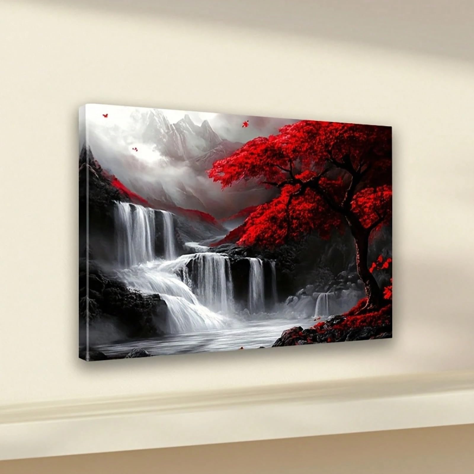 LMYSXAOZ Large Wall Art Canvas Prints Red Tree and Waterfall Landscape Paintings Decor for Living Bedroom Modern Aesthetic(65x130cm/Frameless)