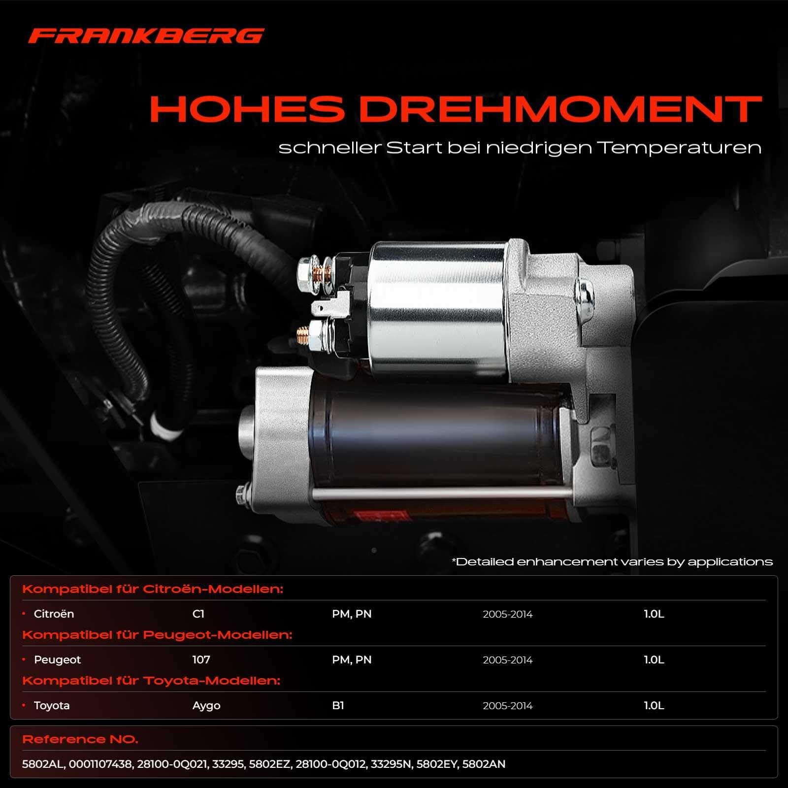Frankberg Motor de arranque 1 1 kW 12 V 8 dientes 5802AL 5802AN | Compatible con: 107 PM PN, Aygo B1, C1 PM PN