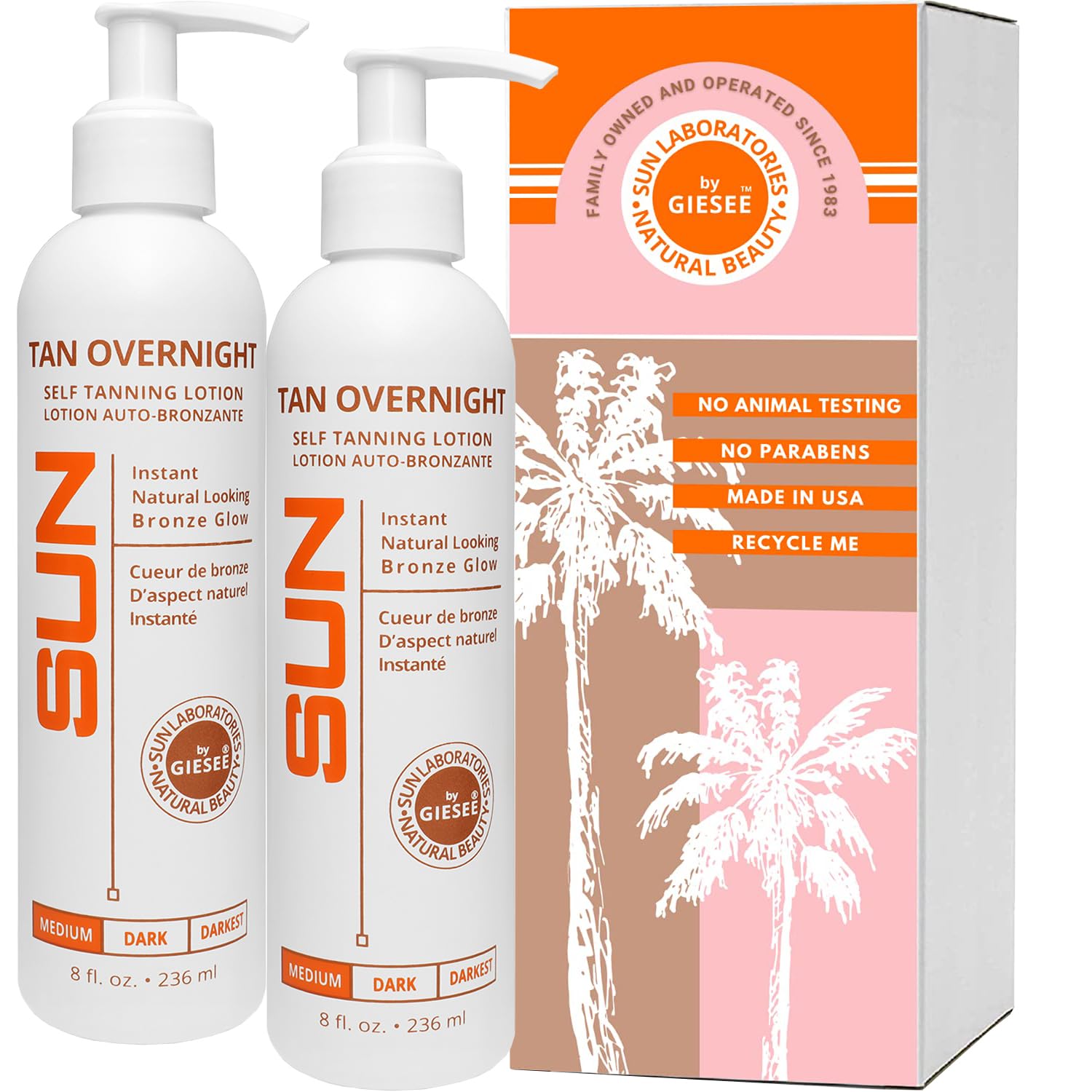 Sun Laboratories By Giesee Tan Overnight Self Tanning Lotion 8 oz 2 Pack, Self Tanning Lotion, Self Tanner, Tanning Lotion, Odorless, Non-Toxic, Medium, Light & Fair Skin, Face & Body